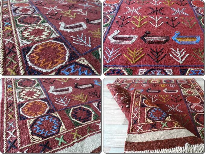 キリム 手織り ペルシャキリム ウール製 イラン 刺繍入りキリム グーチャン産 ラグ 敷物 玄関マットサイズ 100cmx70cm 【本物保証/直輸入】