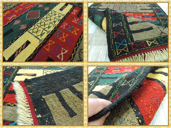 キリム 手織り ペルシャキリム ウール製 イラン 刺繍入りキリム グーチャン産 ラグ 敷物 玄関マットサイズ 98cmx68cm 【本物保証/直輸入】