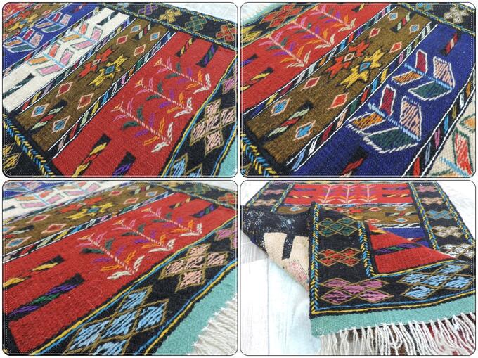 キリム 手織り ペルシャキリム ウール製 イラン 刺繡入りキリム グーチャン産 玄関マットサイズ104cmx63cm 滑り止めマット付【本物保証/直輸入】