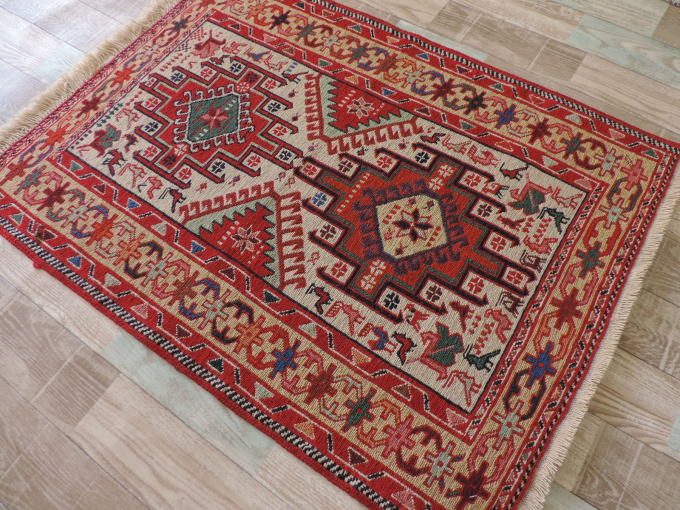 スマックキリム 手織り ペルシャキリム 高品質ウール イランシルジャン 産 敷物 玄関マットサイズ 104cmｘ73cm【本物保証/直輸入】