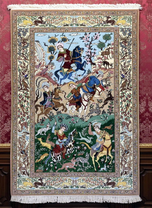 ペルシャ絨毯 カーペット ラグ ウール＆シルク 手織り 高級 ハンティングデザインペルシャ絨毯の本場 イラン イスファハン産 中型サイズ 192cm×128cm 【本物保証/直輸入】