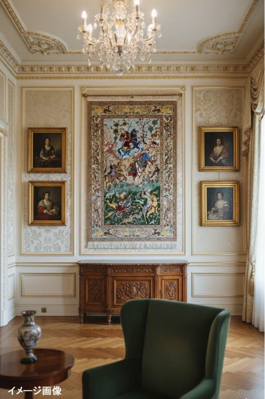 ペルシャ絨毯 カーペット ラグ ウール＆シルク 手織り 高級 ハンティングデザインペルシャ絨毯の本場 イラン イスファハン産 中型サイズ 192cm×128cm 【本物保証/直輸入】