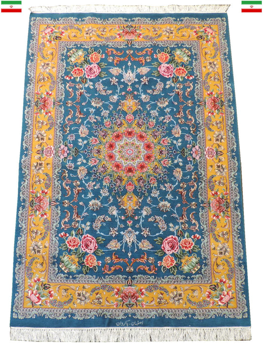 ペルシャ絨毯 カーペット ラグ ウール＆シルク 手織り 高級 ペルシャ絨毯の本場 イラン イスファハン産 中型サイズ 200cm×127cm 【本物保証/直輸入】