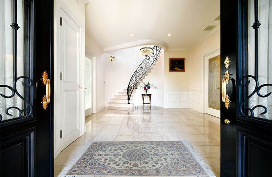 ペルシャ絨毯 カーペット 玄関マット ウール＆シルク 手織り 高級ペルシャ絨毯の本場 イラン ナイン産玄関マット/サイズ 152cm×102cm【本物保証/直輸入】