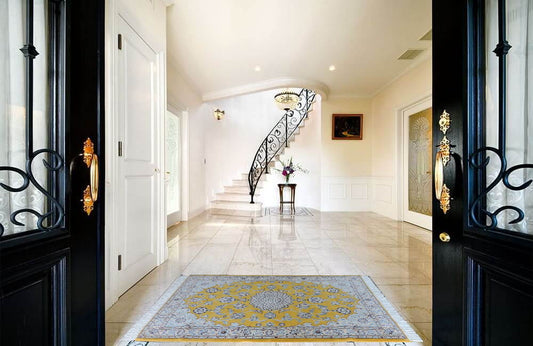 ペルシャ絨毯 カーペット 玄関マット ウール＆シルク 手織り 高級ペルシャ絨毯の本場 イラン ナイン産玄関マット/サイズ 152cm×102cm【本物保証/直輸入】