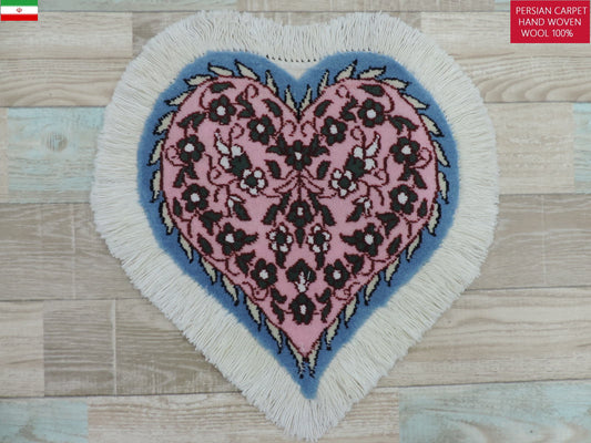 ペルシャ絨毯 愛らしいハートの形 ウール100％ 手織り ペルシャ絨毯の本場 イラン ナイン産玄関マットなどに、サイズ 34cm×34cm【本物保証/直輸入】
