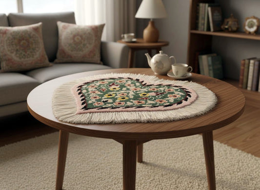 ペルシャ絨毯 愛らしいハートの形 ウール100％ 手織り ペルシャ絨毯の本場 イラン ナイン産玄関マットなどに、サイズ 34cm×34cm【本物保証/直輸入】