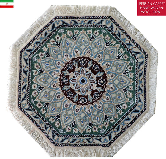 ペルシャ絨毯 カーペット ウール100％珍しい正八角形（オクタゴン）の形手織り 高級 ペルシャ絨毯の本場 イラン ナイン産玄関マットなどに 53cm×53cm【本物保証/直輸入】
