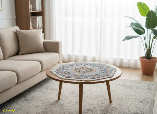 ペルシャ絨毯 カーペット ウール100％珍しい正八角形（オクタゴン）の形手織り 高級 ペルシャ絨毯の本場 イラン ナイン産玄関マットなどに 47cm×47cm【本物保証/直輸入】