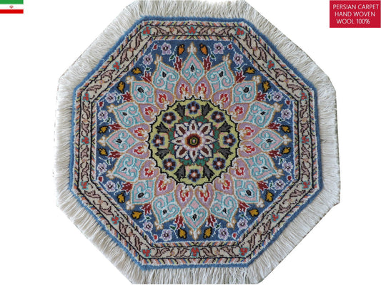 ペルシャ絨毯 カーペット ウール100％珍しい正八角形（オクタゴン）の形手織り 高級 ペルシャ絨毯の本場 イラン ナイン産玄関マットなどに 47cm×47cm【本物保証/直輸入】