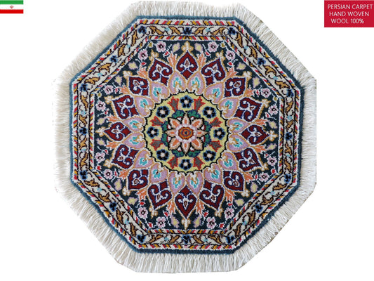 ペルシャ絨毯 カーペット ウール100％珍しい正八角形（オクタゴン）の形手織り 高級 ペルシャ絨毯の本場 イラン ナイン産玄関マットなどに 47cm×47cm【本物保証/直輸入】