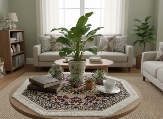 ペルシャ絨毯 カーペット ウール100％珍しい正八角形（オクタゴン）の形手織り 高級 ペルシャ絨毯の本場 イラン ナイン産玄関マットなどに 47cm×47cm【本物保証/直輸入】