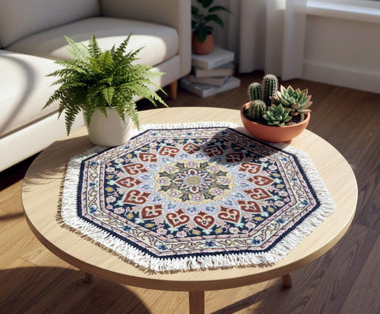 ペルシャ絨毯 カーペット ウール100％珍しい正八角形（オクタゴン）の形手織り 高級 ペルシャ絨毯の本場 イラン ナイン産玄関マットなどに 46cm×46cm【本物保証/直輸入】