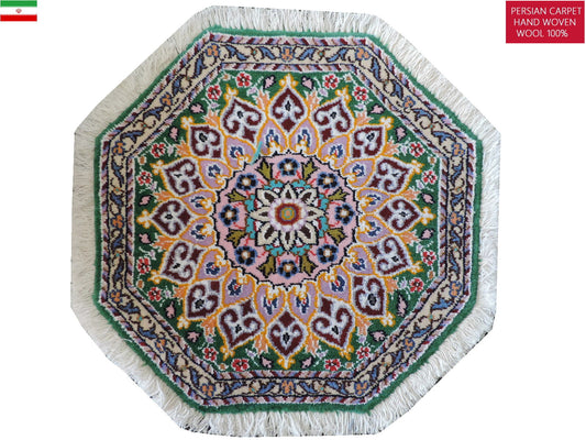 ペルシャ絨毯 カーペット ウール100％珍しい正八角形（オクタゴン）の形手織り 高級 ペルシャ絨毯の本場 イラン ナイン産玄関マットなどに 46cm×46cm【本物保証/直輸入】