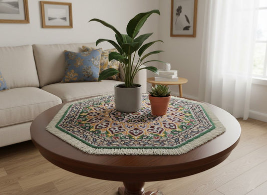 ペルシャ絨毯 カーペット ウール100％珍しい正八角形（オクタゴン）の形手織り 高級 ペルシャ絨毯の本場 イラン ナイン産玄関マットなどに 46cm×46cm【本物保証/直輸入】