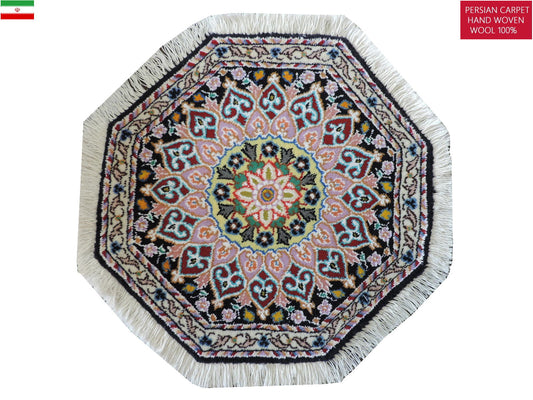 ペルシャ絨毯 カーペット ウール100％珍しい正八角形（オクタゴン）の形手織り 高級 ペルシャ絨毯の本場 イラン ナイン産玄関マットなどに 47cm×47cm【本物保証/直輸入】