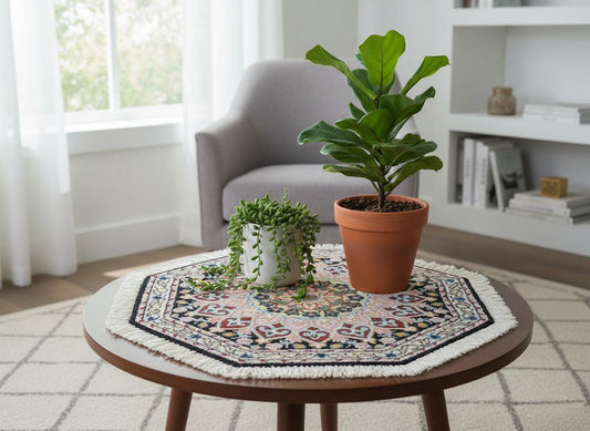 ペルシャ絨毯 カーペット ウール100％珍しい正八角形（オクタゴン）の形手織り 高級 ペルシャ絨毯の本場 イラン ナイン産玄関マットなどに 47cm×47cm【本物保証/直輸入】