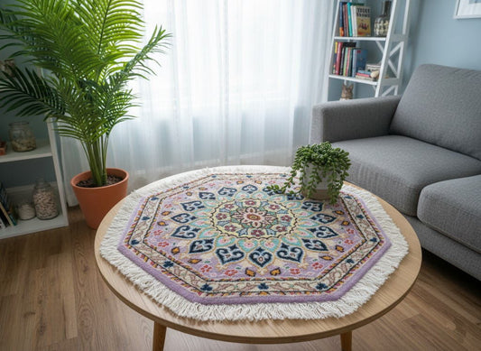 ペルシャ絨毯 カーペット ウール100％珍しい正八角形（オクタゴン）の形手織り 高級 ペルシャ絨毯の本場 イラン ナイン産玄関マットなどに 47cm×47cm【本物保証/直輸入】