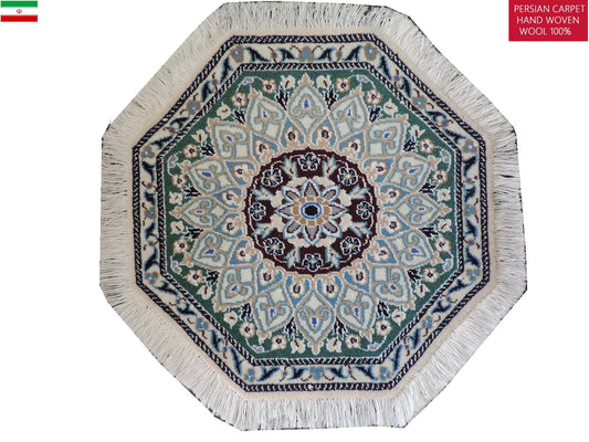 ペルシャ絨毯 カーペット ウール100％珍しい正八角形（オクタゴン）の形手織り 高級 ペルシャ絨毯の本場 イラン ナイン産玄関マットなどに 55cm×55cm【本物保証/直輸入】
