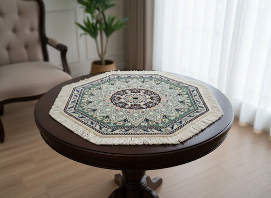 ペルシャ絨毯 カーペット ウール100％珍しい正八角形（オクタゴン）の形手織り 高級 ペルシャ絨毯の本場 イラン ナイン産玄関マットなどに 55cm×55cm【本物保証/直輸入】