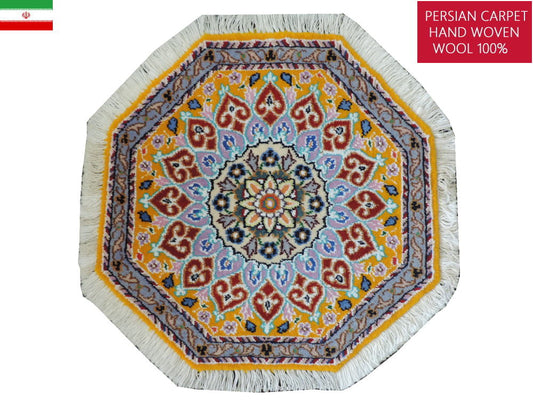 ペルシャ絨毯 カーペット ウール100％珍しい正八角形（オクタゴン）の形手織り 高級 ペルシャ絨毯の本場 イラン ナイン産玄関マットなどに 47cm×47cm【本物保証/直輸入】