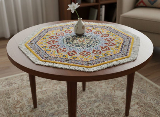 ペルシャ絨毯 カーペット ウール100％珍しい正八角形（オクタゴン）の形手織り 高級 ペルシャ絨毯の本場 イラン ナイン産玄関マットなどに 47cm×47cm【本物保証/直輸入】