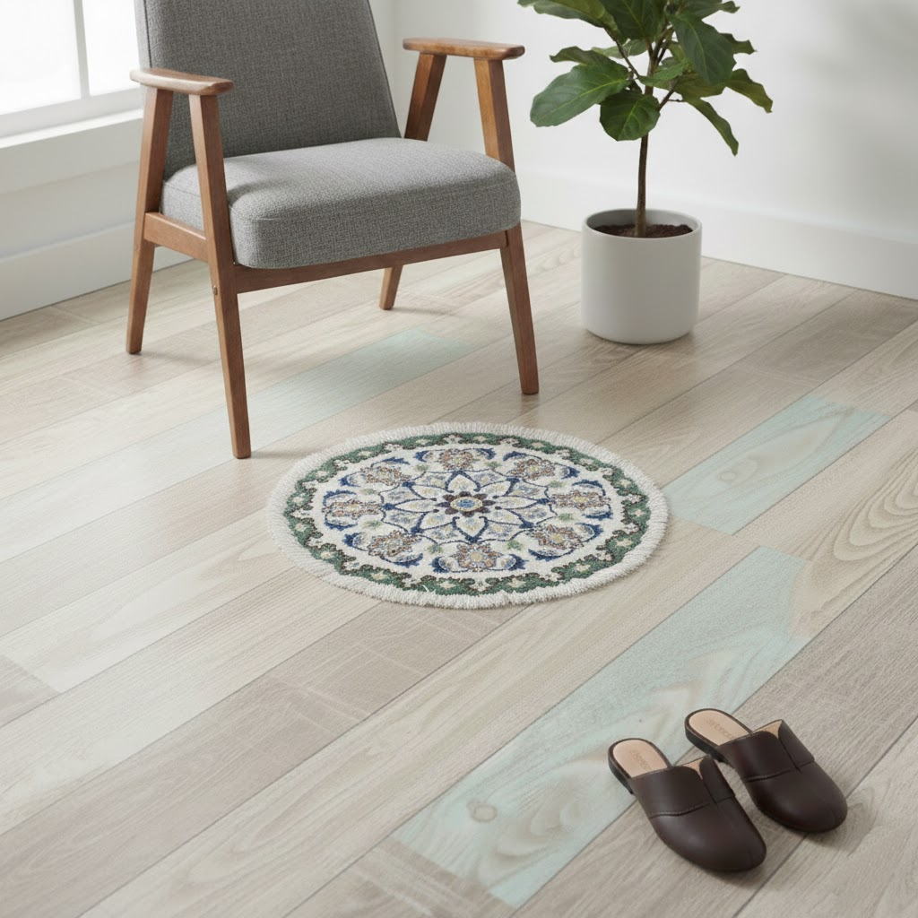 ペルシャ絨毯 愛らしいミニ丸形 ウール100％ 手織り ペルシャ絨毯の本場 イラン ナイン産チェアーマット玄関マットなどに、サイズ 43cm×43cm【本物保証/直輸入】