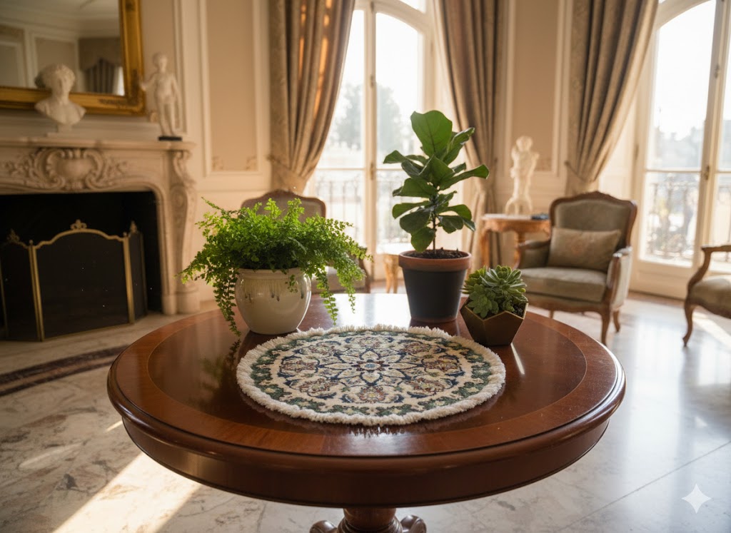 ペルシャ絨毯 愛らしいミニ丸形 ウール100％ 手織り ペルシャ絨毯の本場 イラン ナイン産チェアーマット玄関マットなどに、サイズ 43cm×43cm【本物保証/直輸入】