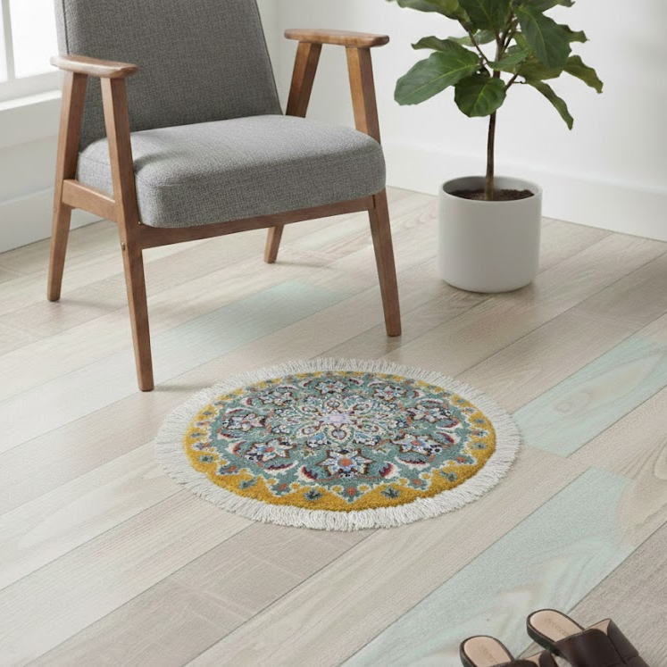 ペルシャ絨毯 愛らしいミニ丸形 ウール100％ 手織り ペルシャ絨毯の本場 イラン ナイン産チェアーマット玄関マットなどに、サイズ 43cm×43cm【本物保証/直輸入】