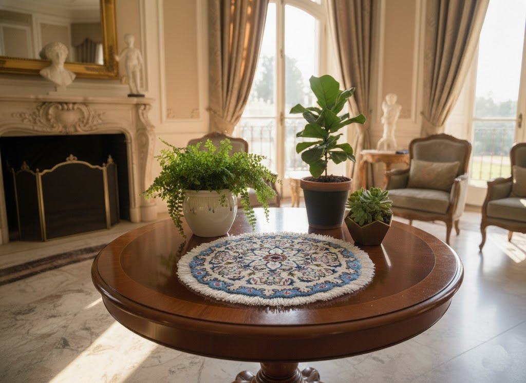 ペルシャ絨毯 愛らしいミニ丸形 ウール100％ 手織り ペルシャ絨毯の本場 イラン ナイン産チェアーマット玄関マットなどに、サイズ 45cm×45cm【本物保証/直輸入】