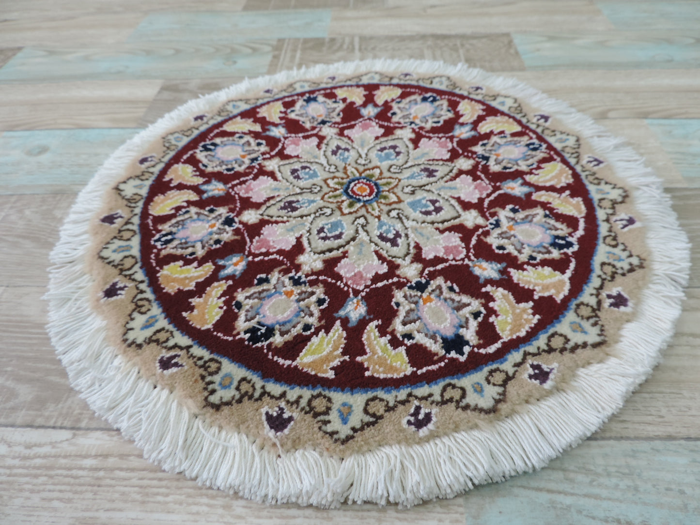 ペルシャ絨毯 愛らしいミニ丸形 ウール100％ 手織り ペルシャ絨毯の本場 イラン ナイン産チェアーマット玄関マットなどに、サイズ 40cm×40cm【本物保証/直輸入】