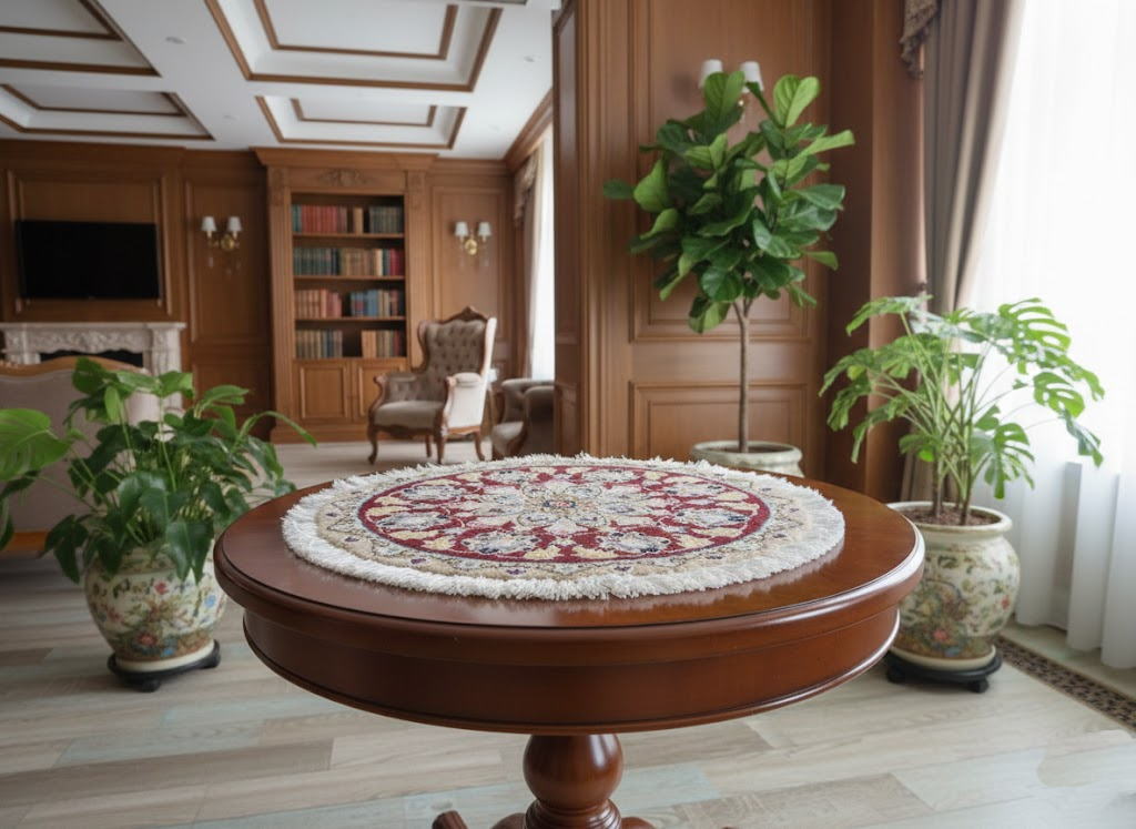 ペルシャ絨毯 愛らしいミニ丸形 ウール100％ 手織り ペルシャ絨毯の本場 イラン ナイン産チェアーマット玄関マットなどに、サイズ 40cm×40cm【本物保証/直輸入】