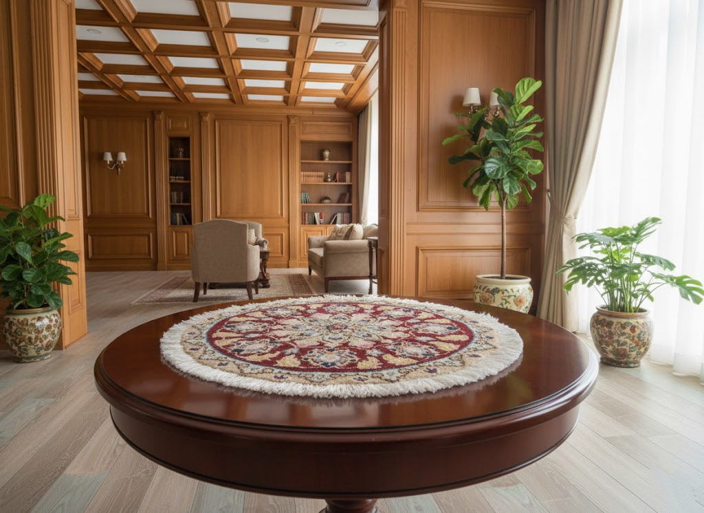 ペルシャ絨毯 愛らしいミニ丸形 ウール100％ 手織り ペルシャ絨毯の本場 イラン ナイン産チェアーマット玄関マットなどに、サイズ 41cm×41cm【本物保証/直輸入】