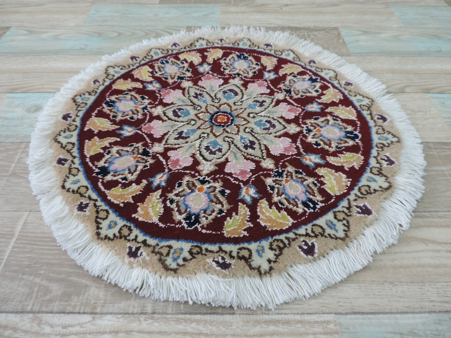 ペルシャ絨毯 愛らしいミニ丸形 ウール100％ 手織り ペルシャ絨毯の本場 イラン ナイン産チェアーマット玄関マットなどに、サイズ 41cm×41cm【本物保証/直輸入】