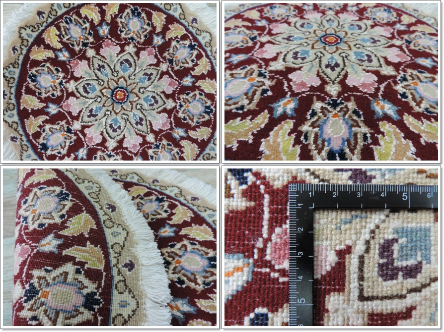 ペルシャ絨毯 愛らしいミニ丸形 ウール100％ 手織り ペルシャ絨毯の本場 イラン ナイン産チェアーマット玄関マットなどに、サイズ 41cm×41cm【本物保証/直輸入】