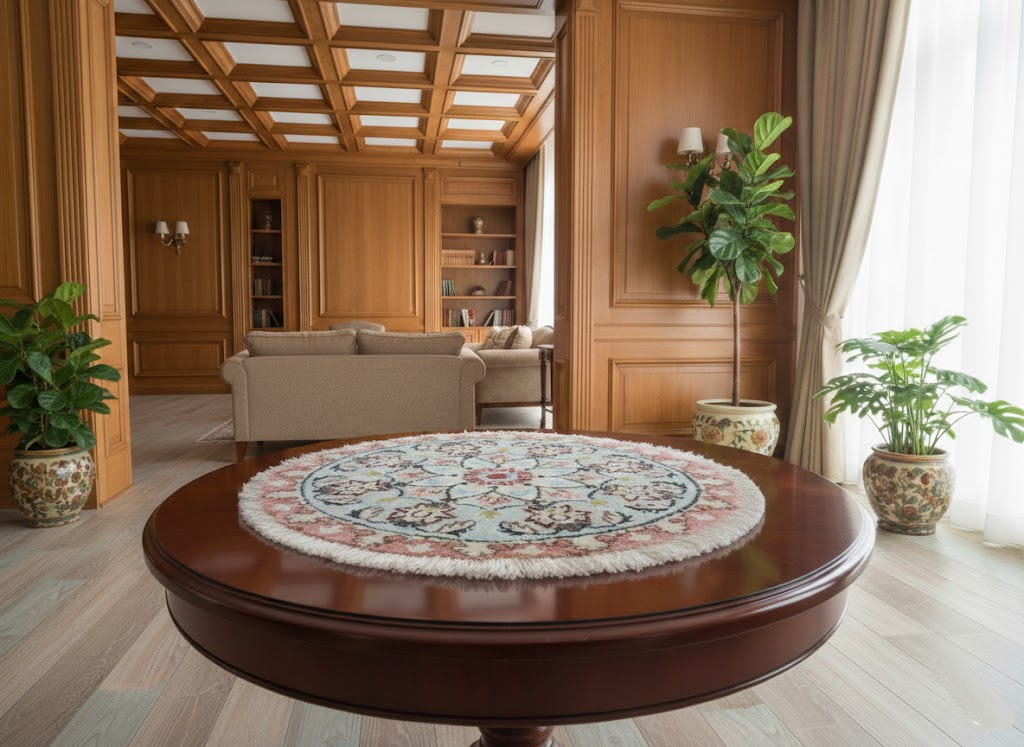 ペルシャ絨毯 愛らしいミニ丸形 ウール100％ 手織り ペルシャ絨毯の本場 イラン ナイン産チェアーマット玄関マットなどに、サイズ 42cm×42cm【本物保証/直輸入】