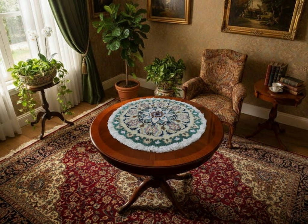 ペルシャ絨毯 愛らしいミニ丸形 ウール100％ 手織り ペルシャ絨毯の本場 イラン ナイン産チェアーマット玄関マットなどに、サイズ 45cm×45cm【本物保証/直輸入】