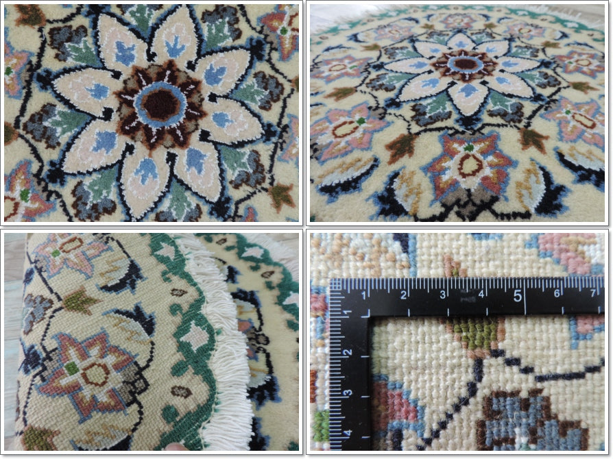 ペルシャ絨毯 愛らしいミニ丸形 ウール100％ 手織り ペルシャ絨毯の本場 イラン ナイン産チェアーマット玄関マットなどに、サイズ 45cm×45cm【本物保証/直輸入】