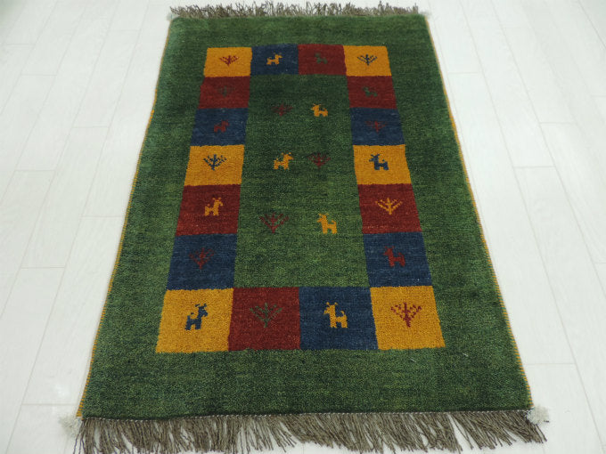 ギャッベ 手織り ウール ギャッベの本場 イラン シラーズ産 玄関マットサイズ 94cm×60cm カーペット 絨毯 【本物保証】