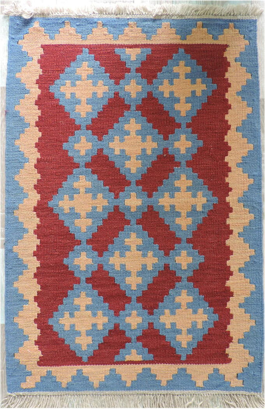 手織りウール100％ ペルシャ シラーズ産 カシュカイリバーシブルキリム<br />玄関マットサイズ：102cmｘ65cm【送料無料】