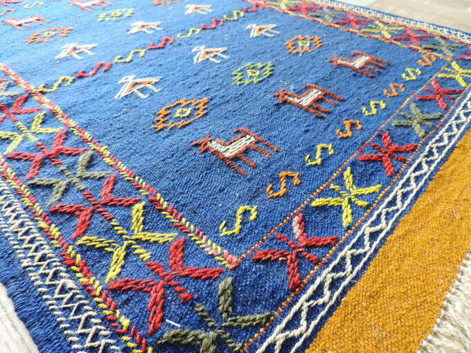 キリム 手織り ペルシャキリム ウール製 イラン　刺繍入りキリム グーチャン産 ラグ 敷物 玄関マットサイズ 100cmｘ68cm 【本物保証/直輸入】