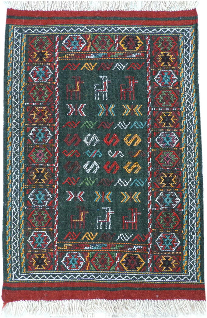キリム 手織り ペルシャキリム ウール製 イラン　刺繍入りキリム グーチャン産 ラグ 敷物 玄関マットサイズ 104cmｘ66cm 【本物保証/直輸入】