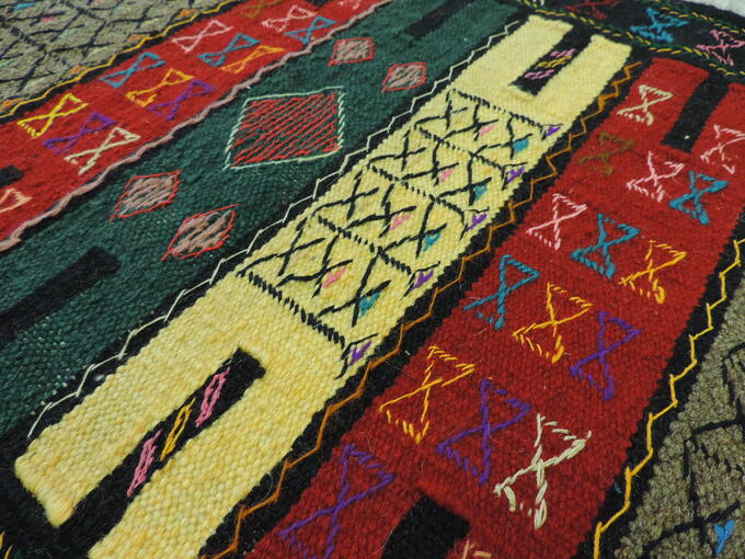 キリム 手織り ペルシャキリム ウール製 イラン 刺繍入りキリム グーチャン産 ラグ 敷物 玄関マットサイズ 98cmｘ68cm 【本物保証/直輸入】