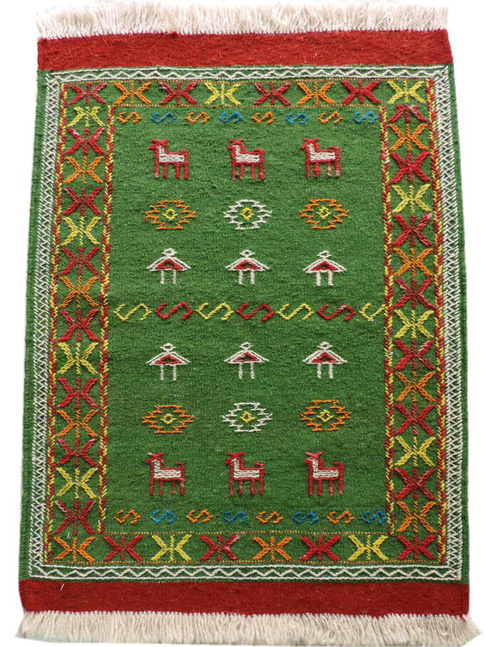 キリム 手織り ペルシャキリム ウール製 イラン　刺繍入りキリム グーチャン産 ラグ 敷物 玄関マットサイズ 100cmｘ67cm 【本物保証/直輸入】